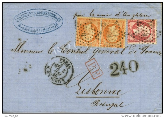 Etoile 4 / N° 23 Paire + 24 Càd PARIS / R. D'ENGHIEN Sur Lettre 2 Ports (voie Anglaise) Pour Lisbonne.... - 1862 Napoléon III