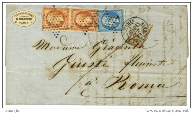 Etoile Pleine / N° 22 + 23 Paire Càd PARIS / PL. DE LA BOURSE Sur Lettre 2 Ports Pour Rome. 1864. - TB /... - 1862 Napoléon III