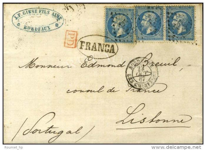 PC 532 / N° 22 (3) Càd BORDEAUX / LES CHARTRONS Sur Lettre Pour Lisbonne. 1867. - TB. - 1862 Napoléon III