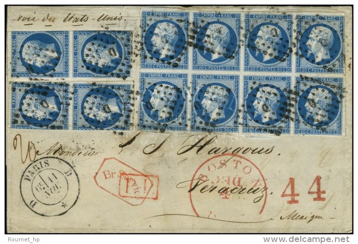 Losange D / N° 14 Bloc De 8 + 2 Paires (quelques Defs) Càd D PARIS D Sur Lettre Pour Vera Cruz Par La... - 1853-1860 Napoléon III