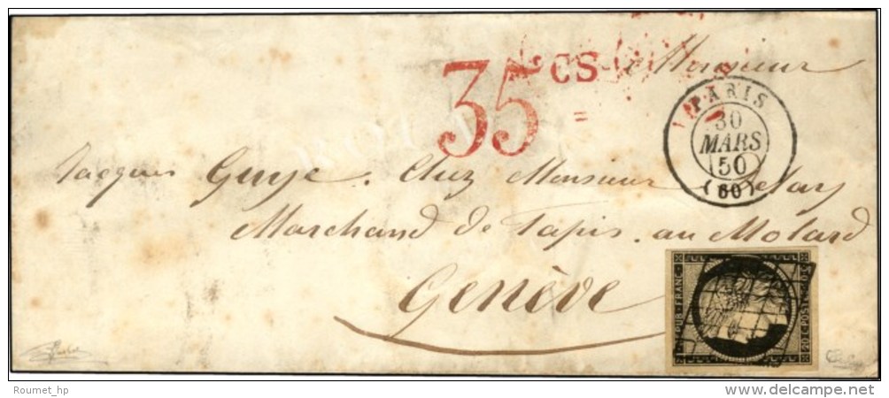 Grille / N° 3 Càd PARIS (60) 30 MARS 50 Sur Lettre Pour Genève. Taxe Suisse 35cs Rouge à... - 1849-1850 Ceres