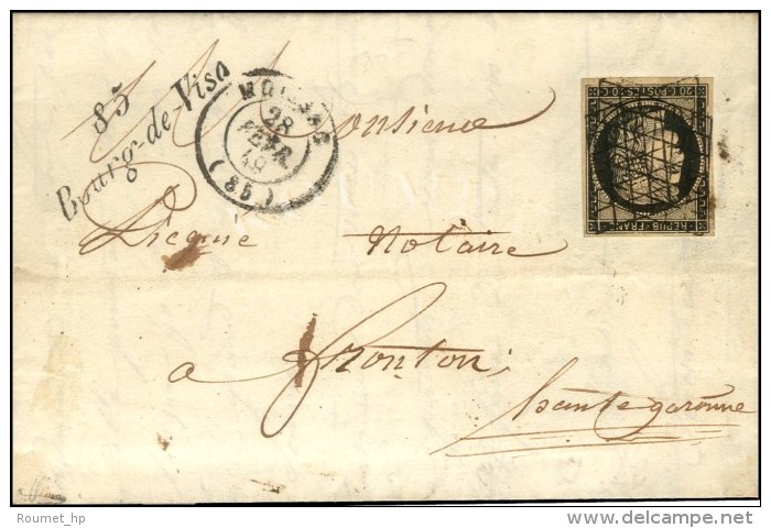 Grille / N° 3 Càd T 15 MOISSAC (85), Cursive 85 / Bourg-de-Visa. Au Verso, Taxe Tampon 2 De... - 1849-1850 Cérès