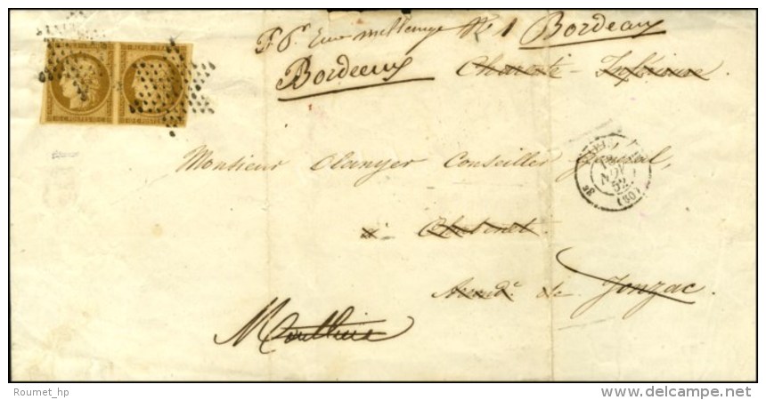 Etoile / N° 1 Paire Bistre Brun Foncé Sur Imprimé Pour Jonzac Réexpédié... - 1849-1850 Ceres