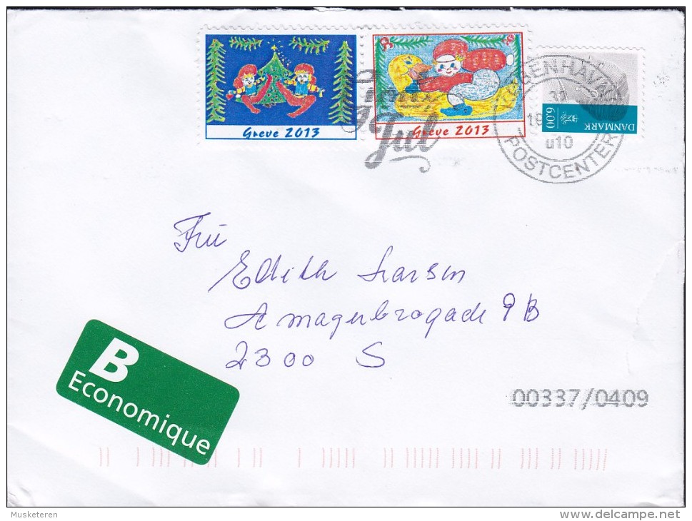 Denmark B-Economique Label 2013 Cover Brief 2x GREVE Christmas Seals & 6.00 Kr Queen Margrethe II. Stamp - Brieven En Documenten