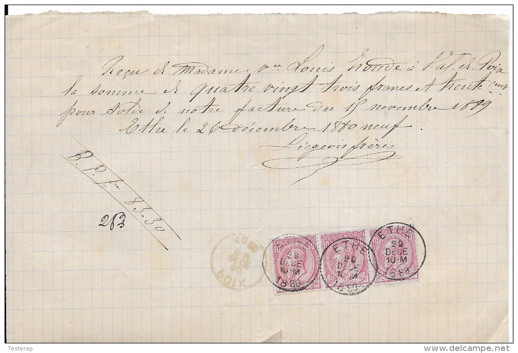 Reçu   83,30 Fr    1889   3 X N°46    (3 X 10 Cts )   ETHE - 1869-1883 Leopold II.