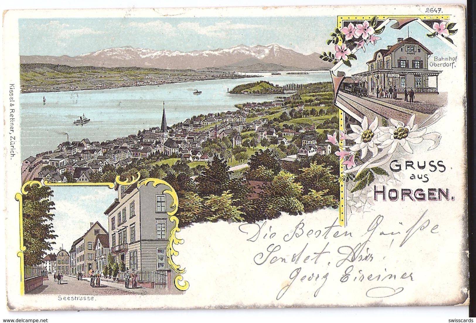 HORGEN: 3-Bild-Litho Mit Bahnhof/Zug Und Seestrasse 1902 - Horgen