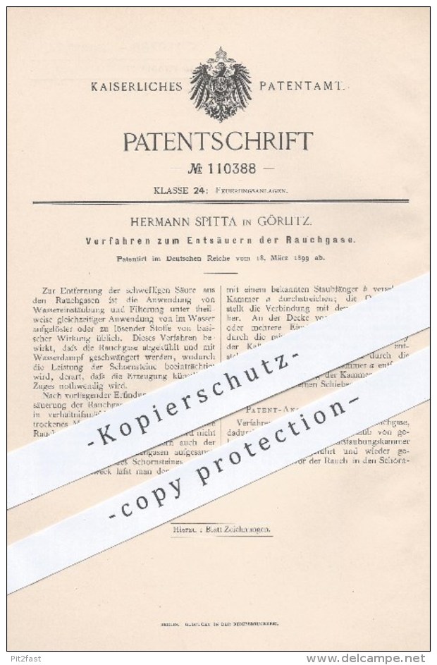 Original Patent - Hermann Spitta , Görlitz , 1899 , Entsäuern Der Rauchgase , Gase , Rauch , Schwefelsäure , Schornstein - Historische Dokumente