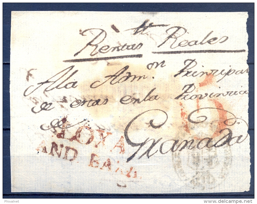 1801 - 42 , GRANADA , RENTAS REALES , FRONTAL CIRCULADO ENTRE LOJA Y GRANADA , MARCA PREF. Nº 4 " LOXA / AND. BAJA " - ...-1850 Prephilately