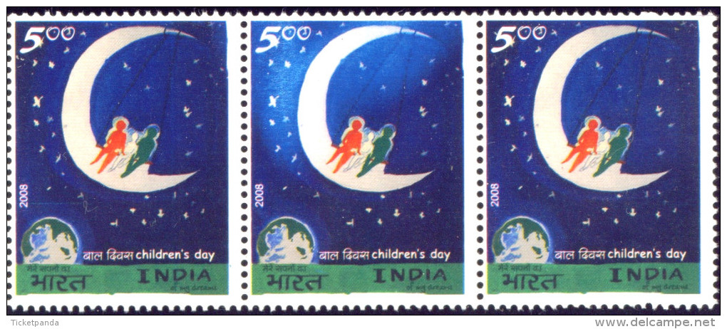 CHILDREN´S DAY-MOON-STRIP OF 3-COLOR VARIETY-INDIA-2008-EXTREMELY SCARCE-MNH-TP-387 - Other & Unclassified