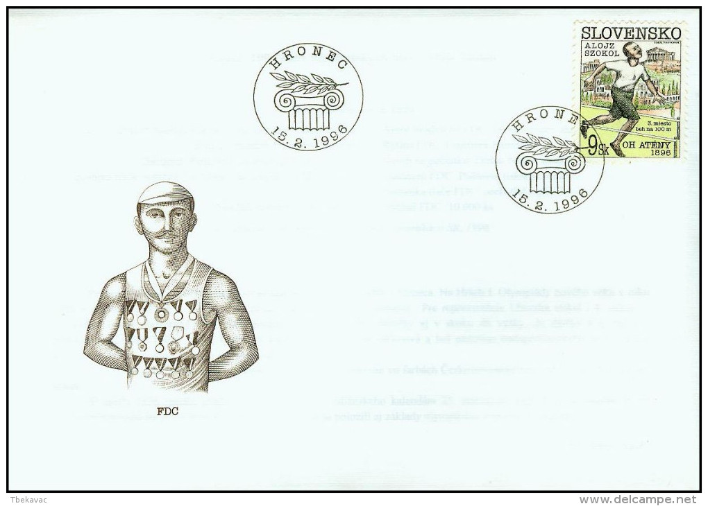 Slovakia 1996, FDC Cover Olympic Games Alojz Szokol Mi.# 245, Ref.bbzg - FDC