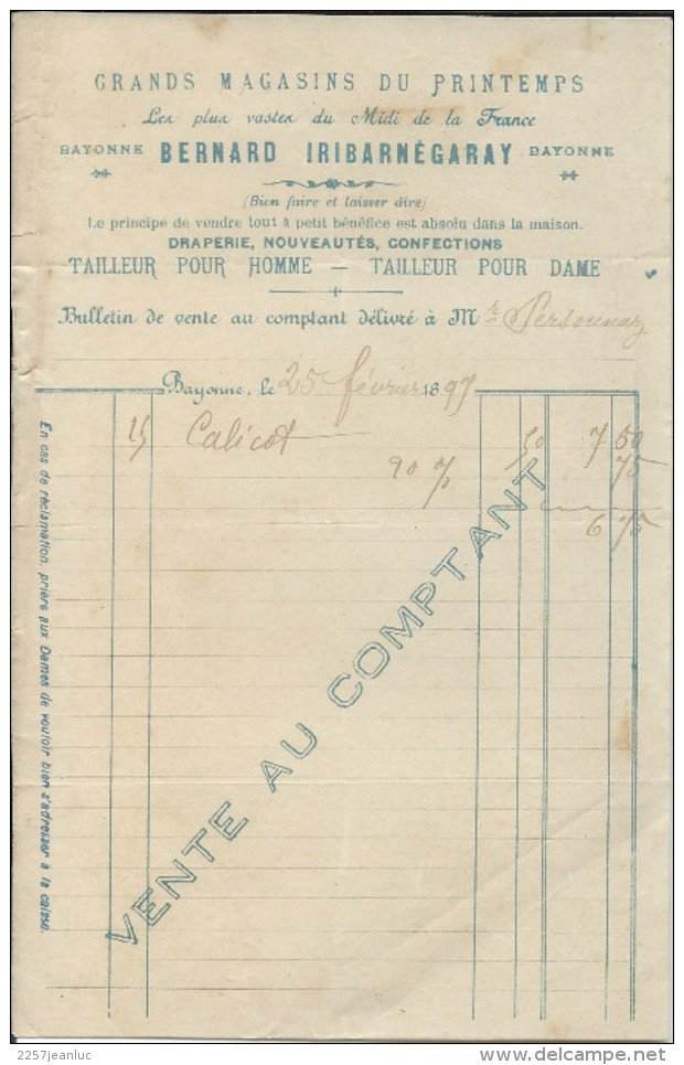 Facture - Grand Magasins Du Printemps De Bernard Iribarnégaray à Bayonne Du 25/02/1897 - 1800 – 1899