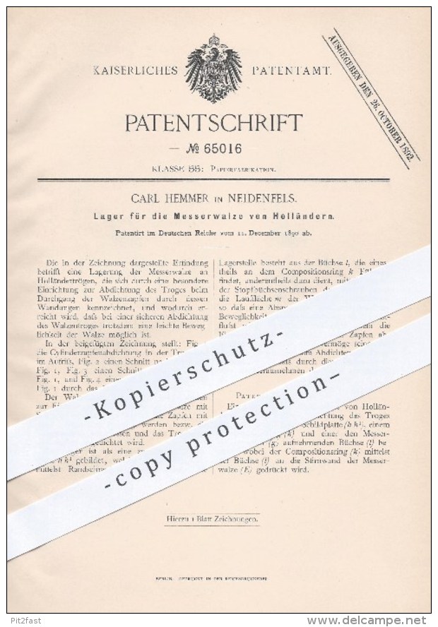 Original Patent - C. Hemmer , Neidenfels 1890 , Lager Für Die Messerwalze Von Holländern , Walze , Papier , Papierfabrik - Historische Documenten