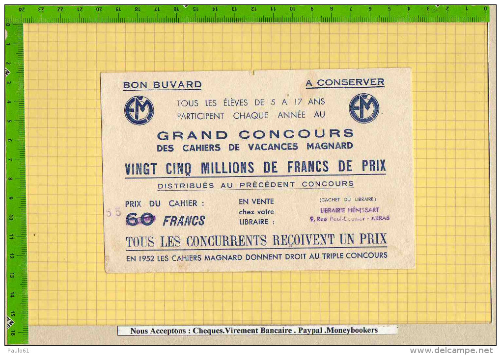 BUVARD : Grand Concours  En 1952 Cahiers Magnard  Cahiers De Vacances - Papeterie