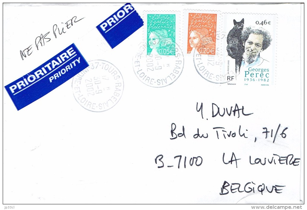 Timbre Georges Perec Sur Lettre De Tours Rabelais Vers La Belgique Du 30/9/2002 - Lettres & Documents