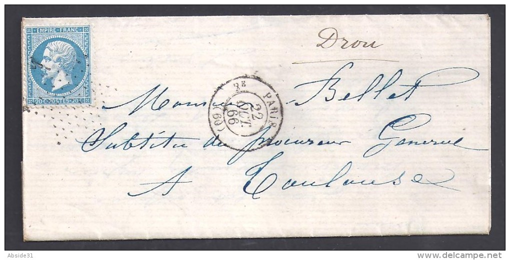 PARIS - N°  22 Oblitéré étoile  + Cachet  PARIS  2e Sur Lettre De 1866 - 1849-1876: Période Classique