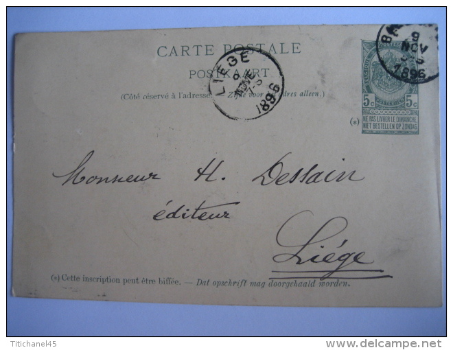 Entier Postal Armoiries BLEHARIES 1896 Vers LIEGE - Signé Abbé DEMARET Curé à HOWARDRIES - Cartes Postales 1871-1909