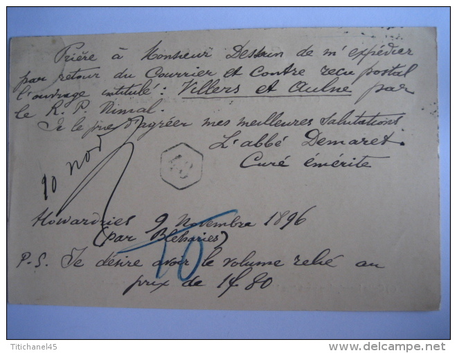 Entier Postal Armoiries BLEHARIES 1896 Vers LIEGE - Signé Abbé DEMARET Curé à HOWARDRIES - Cartes Postales 1871-1909