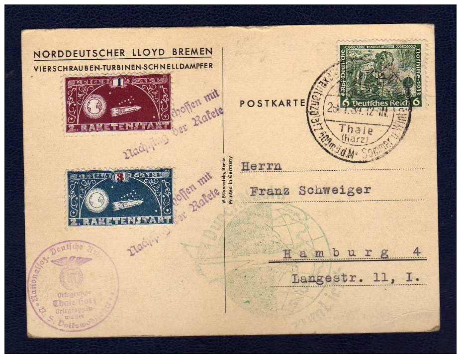 DR 1934, NSDAP - Gruppe Thale , Raketenpost Mit 2 Vignetten + Wagner, Nachttorpedo Zucker - Lettres & Documents