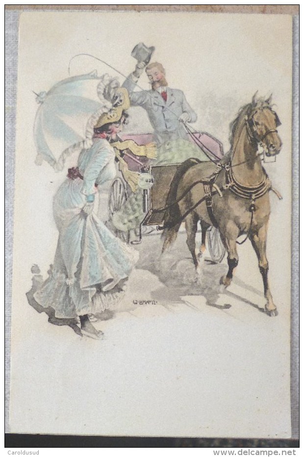 Cpa 1903 Litho Couleur Illustrateur A.S.W. BRAUN SPORT Femme Ombrelle Et Homme Monocle Caleche Cheval - Braun, W.