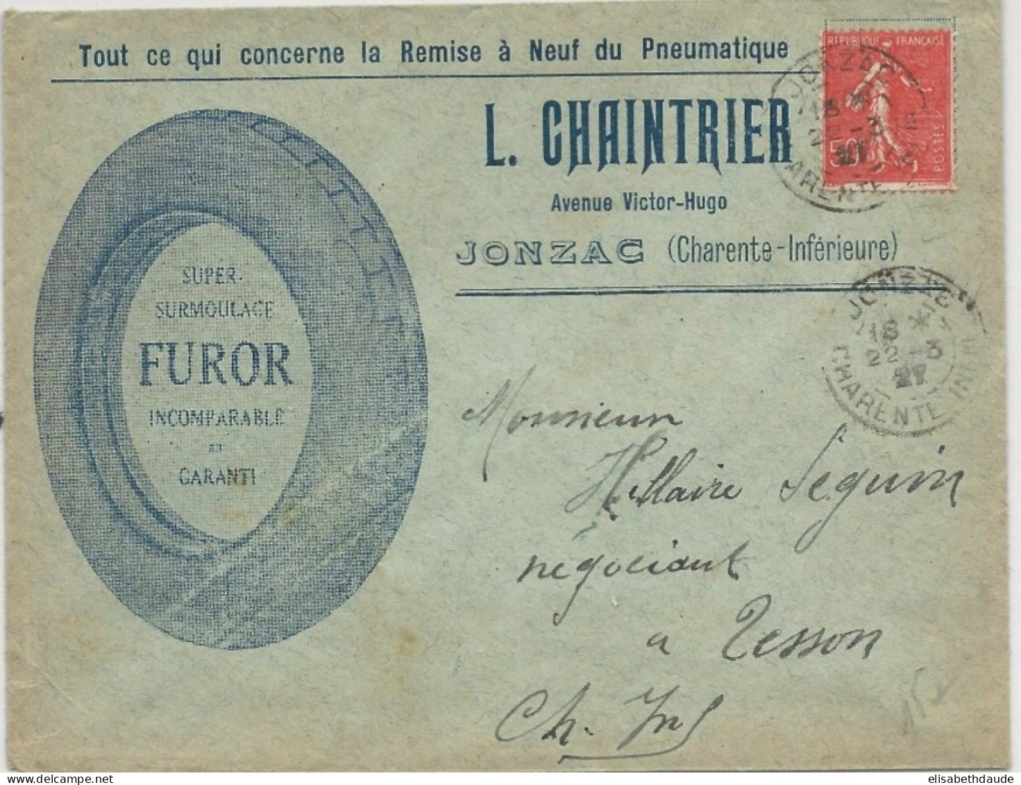 1927 - CHARENTE INFERIEURE - ENVELOPPE DECOREE (PNEUS) De JONZAC - Briefe U. Dokumente