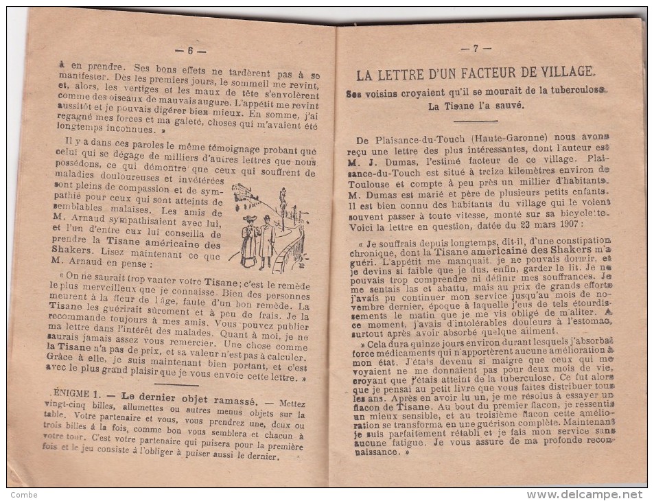 1908 BROCHURE DE LA VÉRITABLE TISANE AMÉRICAINE DES SHAKERS PHARMACIEN LILLE CALENDRIER LECTURE DE SOIRÉE ÉNIGMES / 823