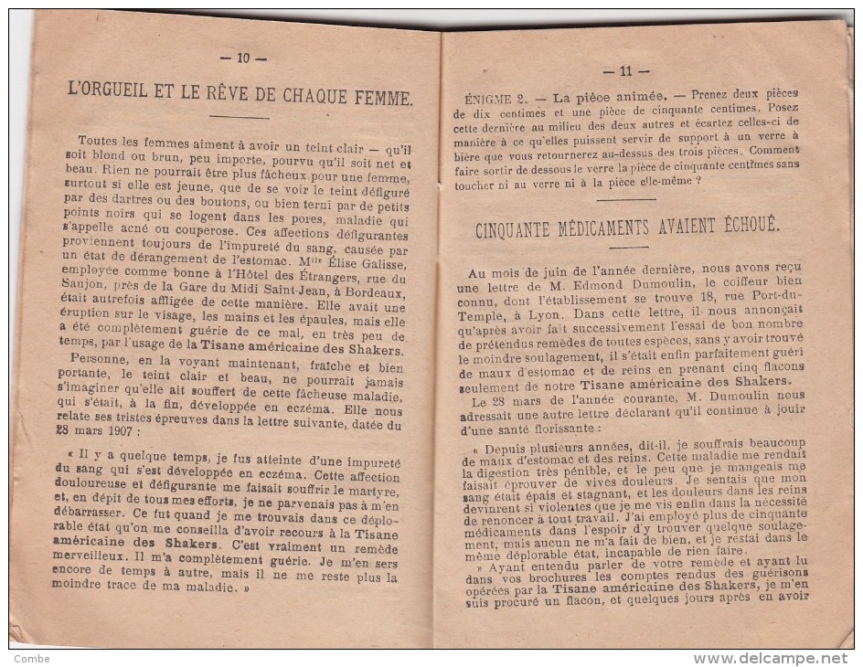 1908 BROCHURE DE LA VÉRITABLE TISANE AMÉRICAINE DES SHAKERS PHARMACIEN LILLE CALENDRIER LECTURE DE SOIRÉE ÉNIGMES / 823