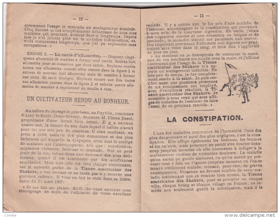 1908 BROCHURE DE LA VÉRITABLE TISANE AMÉRICAINE DES SHAKERS PHARMACIEN LILLE CALENDRIER LECTURE DE SOIRÉE ÉNIGMES / 823