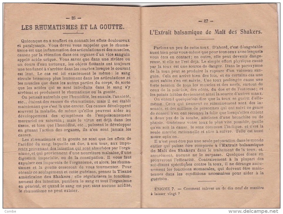 1908 BROCHURE DE LA VÉRITABLE TISANE AMÉRICAINE DES SHAKERS PHARMACIEN LILLE CALENDRIER LECTURE DE SOIRÉE ÉNIGMES / 823