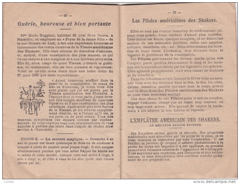 1908 BROCHURE DE LA VÉRITABLE TISANE AMÉRICAINE DES SHAKERS PHARMACIEN LILLE CALENDRIER LECTURE DE SOIRÉE ÉNIGMES / 823