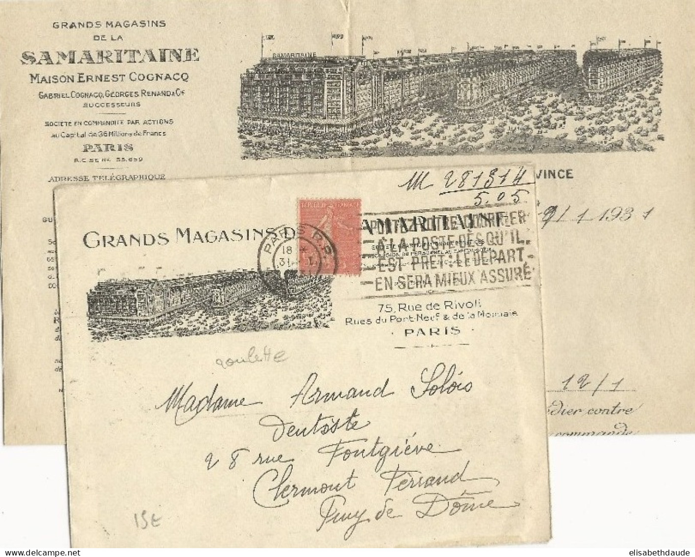 1931 - ENVELOPPE DECOREE (SAMARITAINE) De PARIS Avec ROULETTE SEMEUSE - 1903-60 Säerin, Untergrund Schraffiert