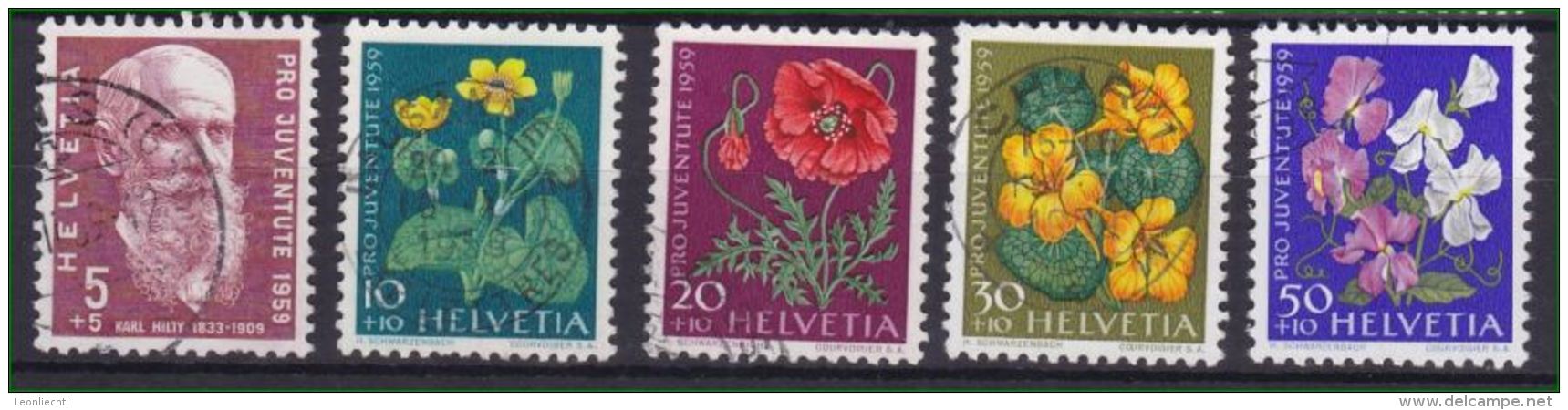 Pro Juventute Satz  1959 Bildnis Karl Hiltys, Wiesen U. Gartenblumen . Zu: J178-82 Gestempelt - Oblitérés