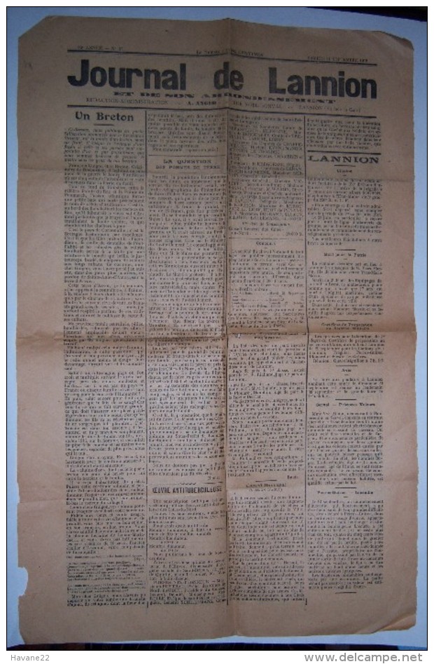 JOURNAL DE LANNION 21 Septembre 1918 Bretagne - 1900 - 1949