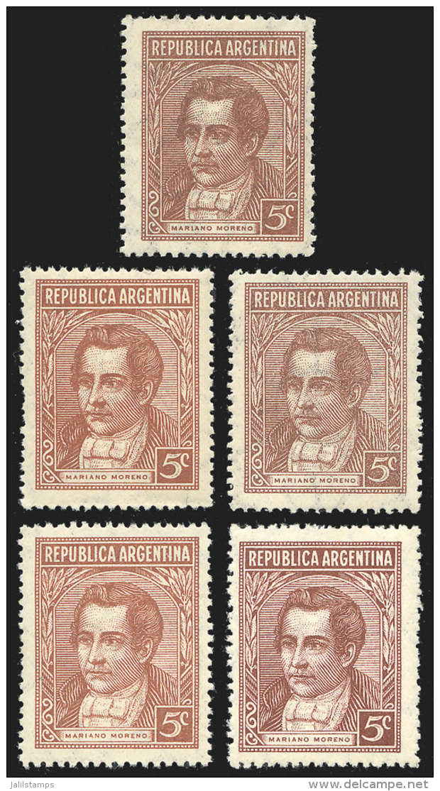 GJ.744, 5c. Moreno, Offset, 5 Singles In Different Shades, On Grené Paper, Pettigiani CV US$25, Very Fine! - Other & Unclassified