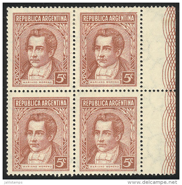 GJ.744, 5c Moreno, Round Sun Wmk, Marginal Block Of 4, 2 Lightly Hinged And 2 MNH, VF Quality! - Other & Unclassified