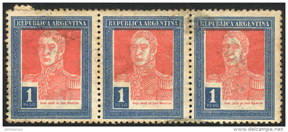 GJ.586, $1 San Martín, Round Sun Wmk, Strip Of With Shifted Colors Variety, Some Stain Spots. - Andere & Zonder Classificatie