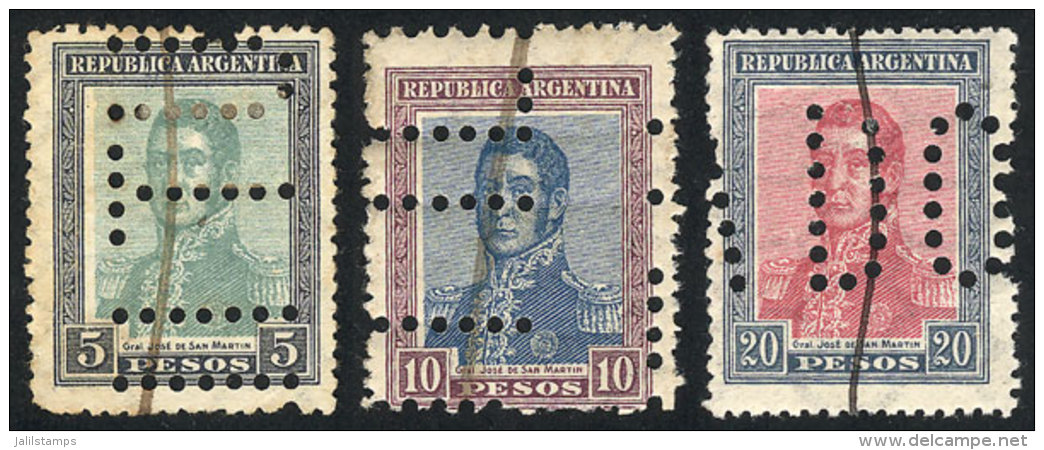 GJ.453O/455O, $5, $10 And $20 San Martín, Horiz Honeycomb Wmk, Perforated INUTILIZADO And With Pen Stroke As... - Andere & Zonder Classificatie