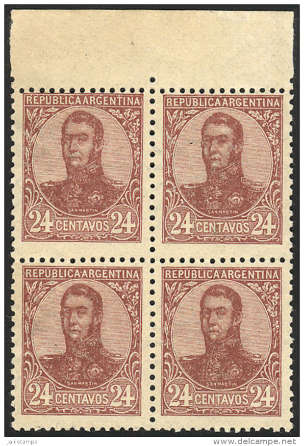 GJ.285, 24c San Martín In Oval, Perf 13&frac14; X 12&frac12;, Marginal Block Of 4, VF! - Autres & Non Classés