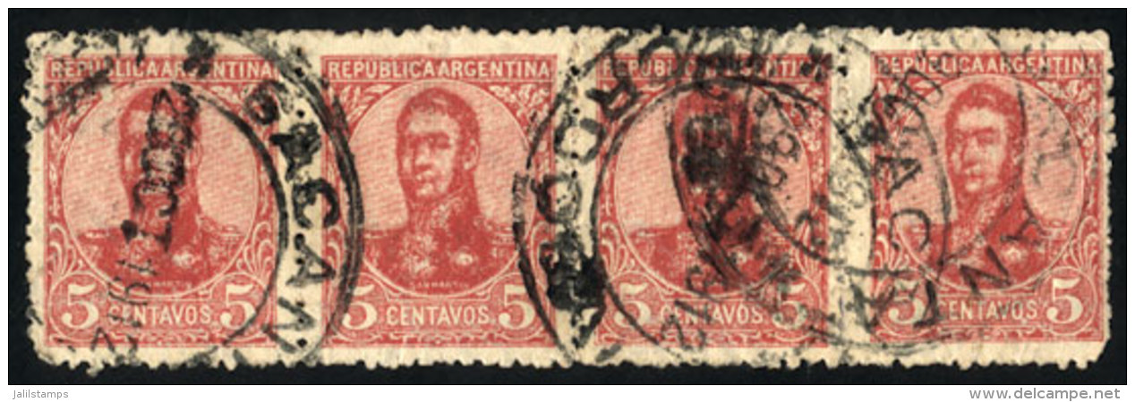 GJ.280, Perf 13&frac14; X 12&frac12;, Strip Of 4 With Cancel Of SACANTA (Córdoba), One Stamp With Minor... - Andere & Zonder Classificatie