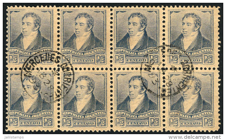 GJ.137, &frac12;c Rivadavia, Block Of 8, With Cancel Of MERCEDES (Corrientes) For 28/AP/1893, Superb! - Autres & Non Classés