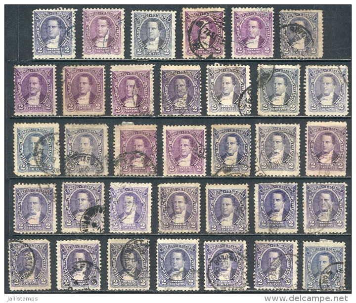 GJ.102, Lot Of More Than 30 Used Stamps Of 2c. Derqui, Perfect Group To Look For Color / Perforation Varieties - Andere & Zonder Classificatie