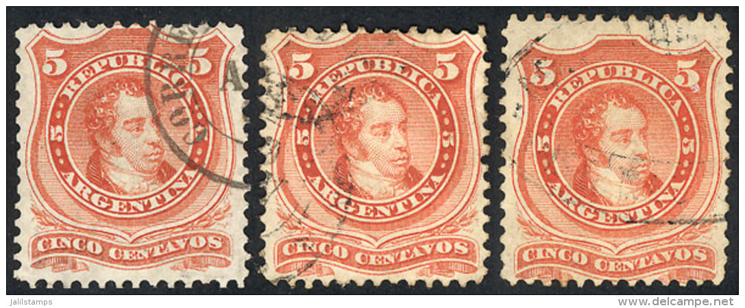 GJ.37, 5c. Rivadavia, Groundwork Of Horizontal Lines, 3 Lightly Cancelled Stamps! - Autres & Non Classés