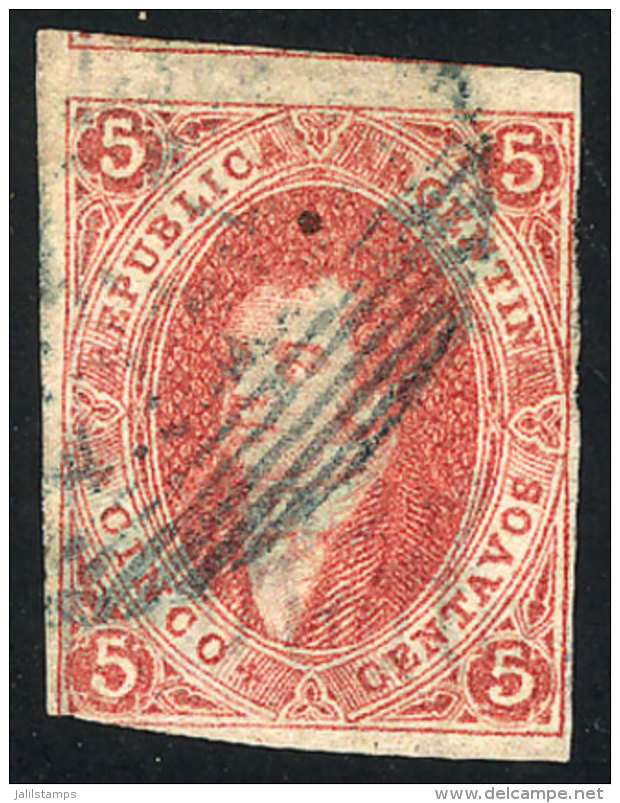 GJ.16, 5c 1st Printing IMPERFORATE, Clear Impression, With OM Buenos Aires Cancel In Blue, With VARIETY: Left Line... - Used Stamps