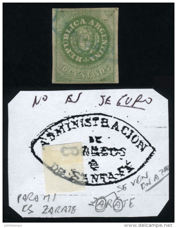 GJ.10, 10c. WITH Accent, Yellow Green, With Blue ADMINISTRACIÓN Cancel, Probably Of ZÁRATE, Small... - Oblitérés