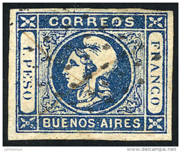 GJ.17, 1P. Blue, With Dotted Cancel + Pen Cancel, Light Thin On Back, Very Good Front! - Buenos Aires (1858-1864)