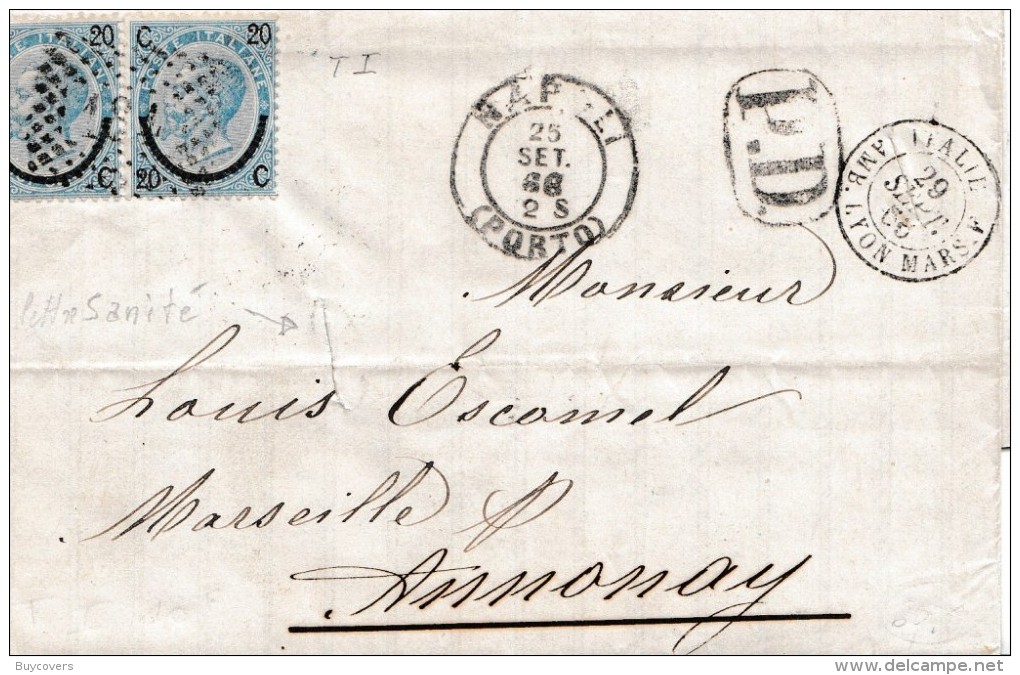 VM08- VIA DI MARE- Lettera Del 1866 Da NAPOLI A Annonay (F) Con Coppia Di Cent 20 Su 15, 1° Tipo , DISINFETTATA - - Storia Postale