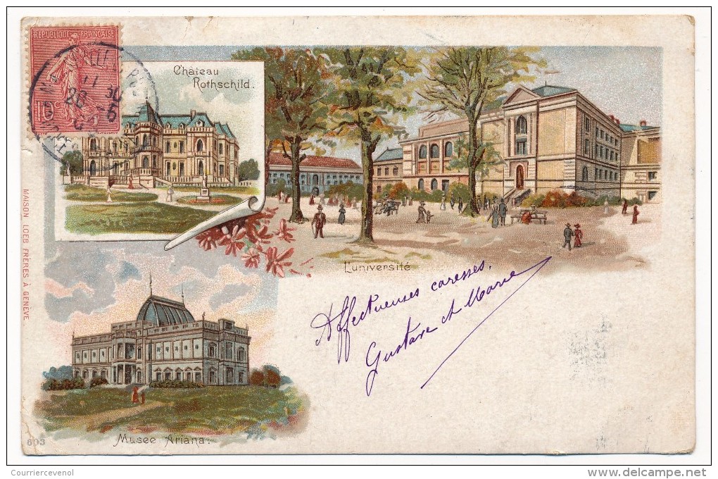 CPA - GENEVE (Suisse) - Vues Multiples : Chateau Rothschild, L'Université, Musée Ariana (Type Grüss) - Genève