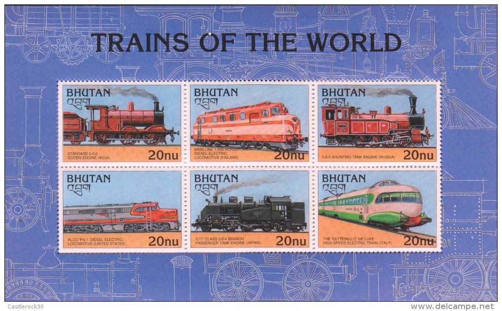 E)1996 BHUTAN, TRAINS OF THE WORLD, RAILWAYS, LOCOMOTIVES,  INDIA, FINLAND, RUSSIA, UNITED STATES, JAPAN,ITALY, SOUVENIR - Bhoutan