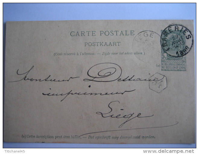 Entier Postal Armoiries FRAMERIES 1898 Vers LIEGE - Signé Victor LEENS - Briefkaarten 1871-1909