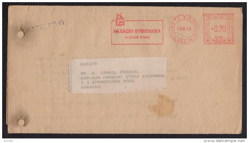 PAKISTAN Postal History - KARACHI GYMKHANA Slogan Meter Mark On Letter, Postal Used 13.12.1988 - Pakistan