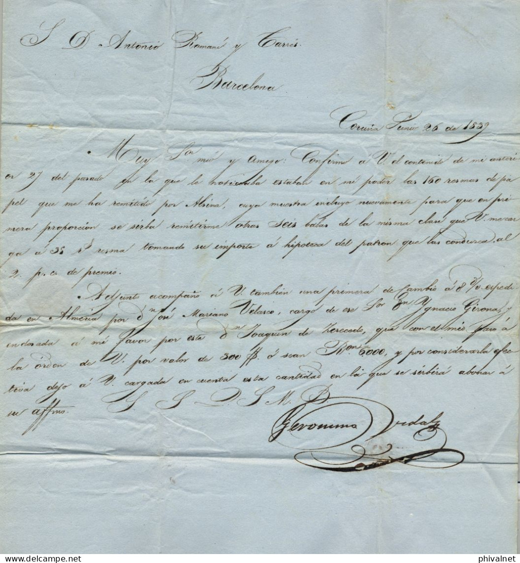 1839 , GALICIA , CARTA CIRCULADA ENTRE CORUÑA Y BARCELONA , MARCA PREF. Nº 9 EN VERDE. PORTEO - ...-1850 Préphilatélie